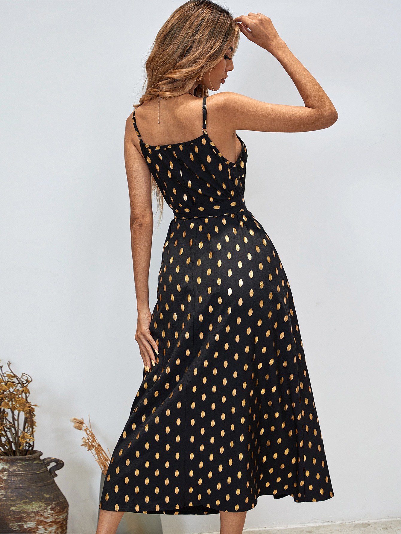 women s slit sleeveless sling polka dot chiffon dress nihaostyles clothing wholesale NSJM73354