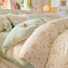 AB版卡通印花安抚豆豆绒四件套纯棉全棉被套床单学生宿舍三件套