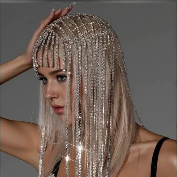 Super Flash Full Diamond Tassel Hair Accessories for Women European and American Luxury Elegant Bridal Wedding Accessories Headdress Stage Banquet Long Hair Chain