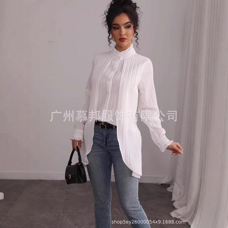 Women's elegant long sleeve textured button lace collar shirt