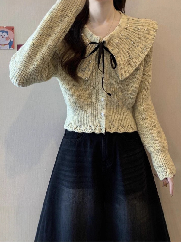 法式气质娃娃领毛衣外套女2025秋冬新款蝴蝶结气质收腰针织开衫潮|undefined
