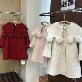 女童新年礼服红色大翻领呢子大衣冬季时尚加绒加厚中长款毛呢外套