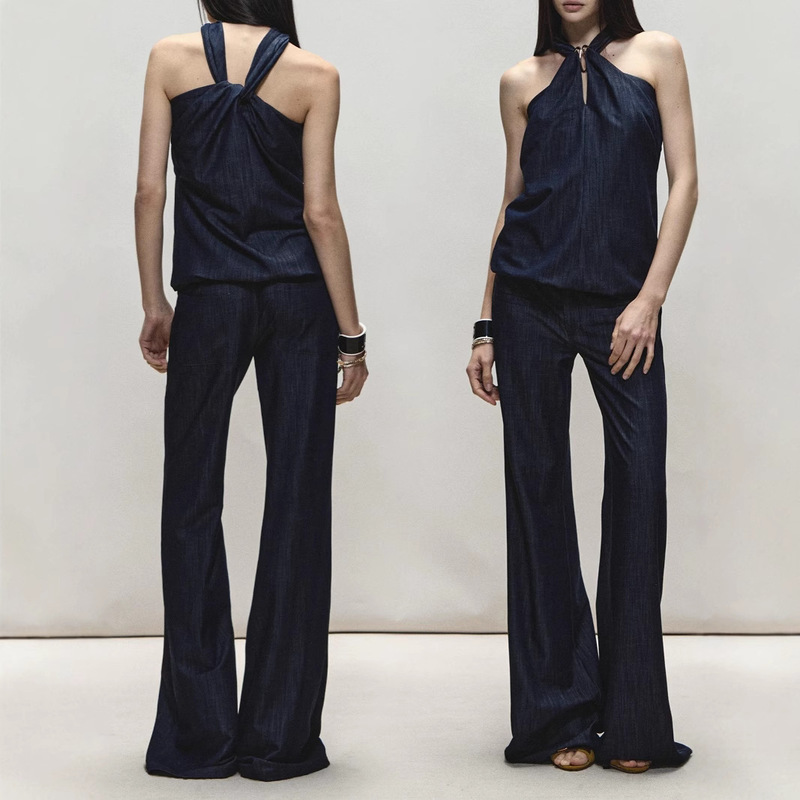 Prrp Original Tencel Denim Blue Hollow-Out Halter Niche Camisole Fashionable Flared Drape Long Pants Set