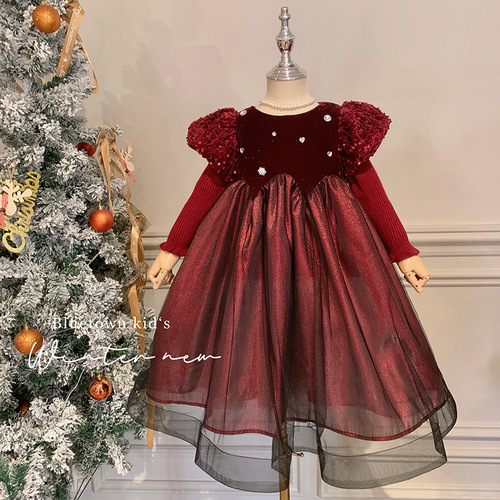 Children's clothing, girls' advanced heavy-duty dress, autumn and winter sleeves, thickened skirt, velvet dress, baby girl's birthday princess dress
