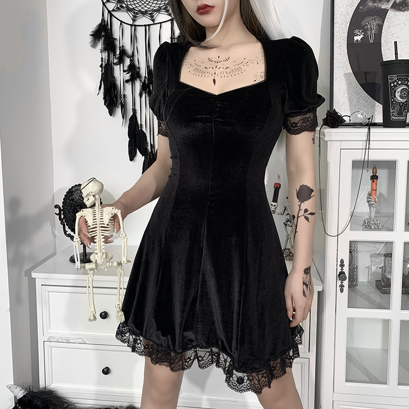 Dark Style Suede Square Neck Puff Short-Sleeved Lace Trim Dress NSGYB99085