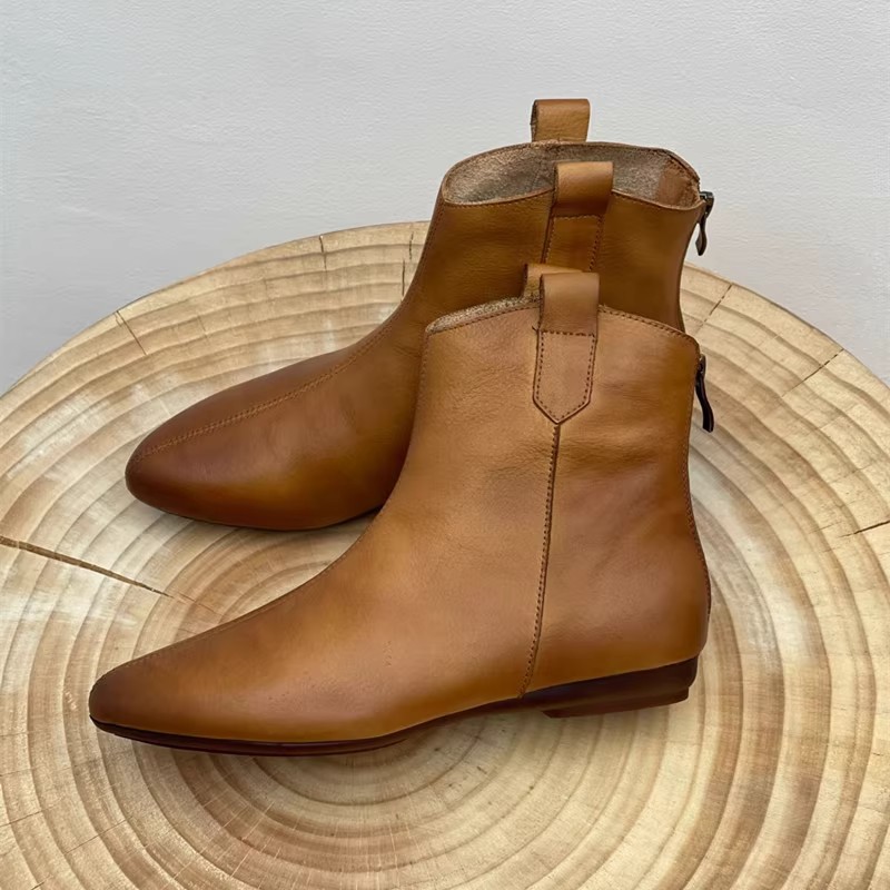 Retro Pointed Toe Ankle Boots For Women Western Style Leather_voghion.com