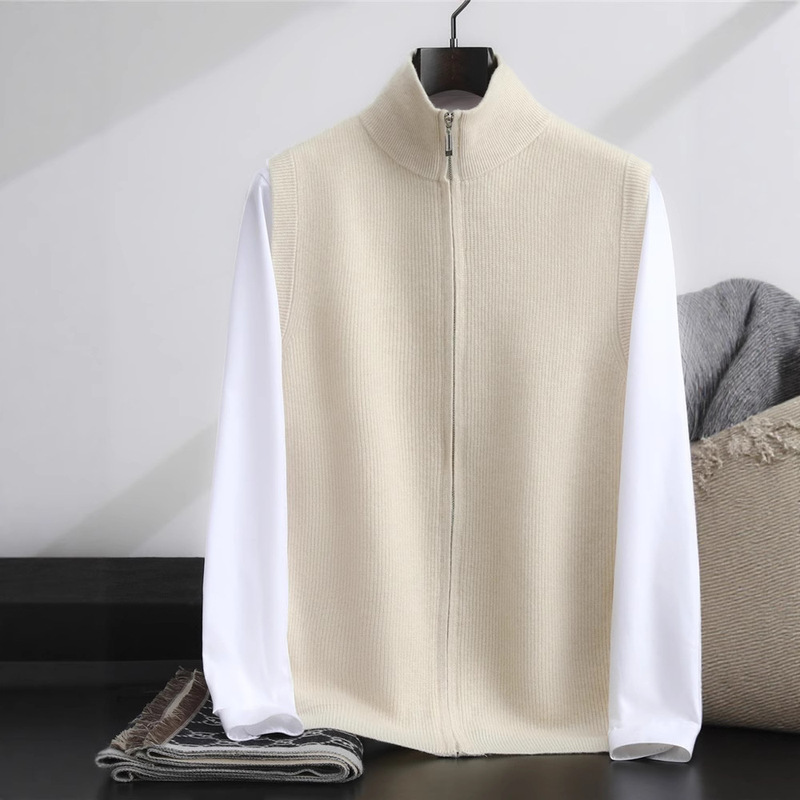 25 Autumn and Winter Men's Sleeveless Half-High Zipper Wool Striped Vest Fashionable Versatile Knitted Wool Top Vest