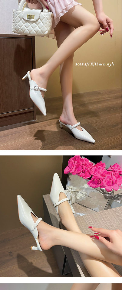 Sandal nữ bít mũi mũi nhọn gót nhỏ kiểu mule quai hậu thanh lịch — Màu bạc, Màu trắng be, Màu vàng chi tiết 9