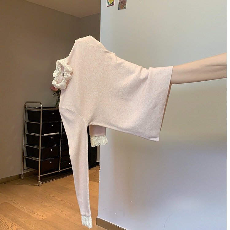 French Gentle Style Pink Lace High-Neck Long-Sleeved Knitwear for Women in Spring, Autumn and Winter Soft and Waxy Inner Knitwear Bottoming Top