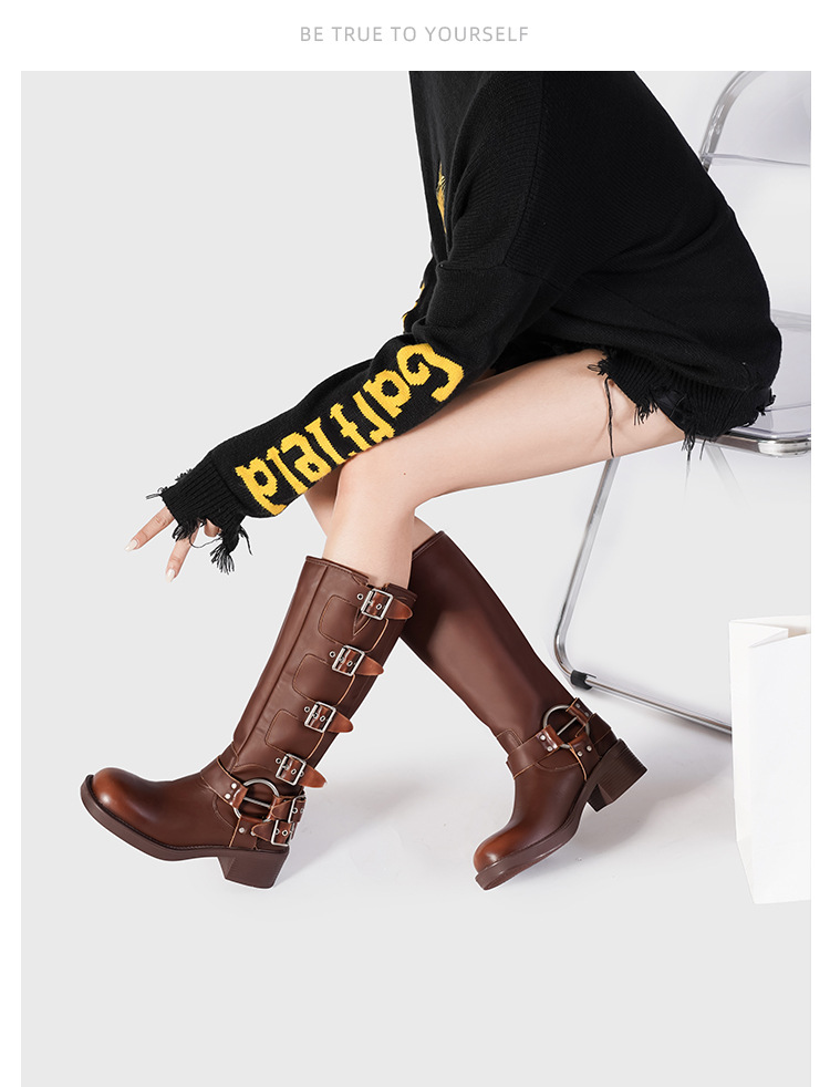 2023 New Asigo Same Western Cowboy Women's High Sleeve Metal Belt Buckle Square Head Knight Boot_voghion.com