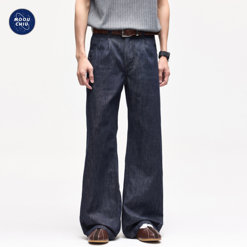 Muqiu Men's Wear | Linen Blue Original Color Thin A-Line Jeans for Men with Texture, Loose Wide-Leg Long Pants