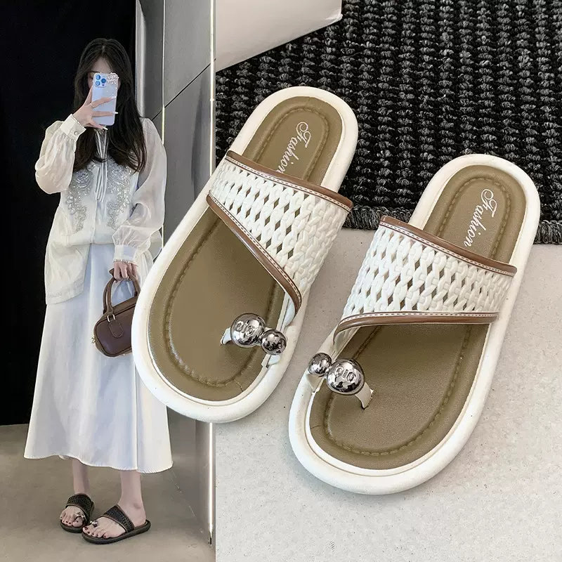 法式绝美套趾拖鞋女夏外穿2025新款假日风平底凉拖鞋海边编织凉鞋