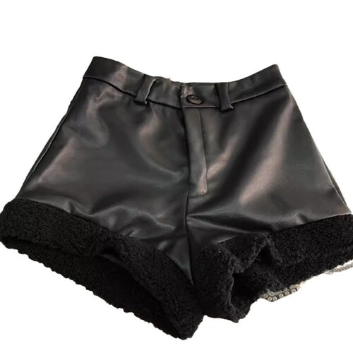 Lamb hair rolled PU leather boots for women's winter 2024 new style retro Melade color high-waist wide-leg shorts