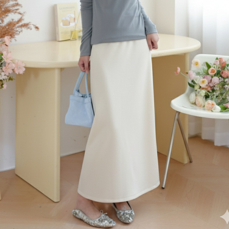 典雅重现 加厚空气层蚕丝羊绒高腰直筒半裙 干练通勤斜开叉一步裙