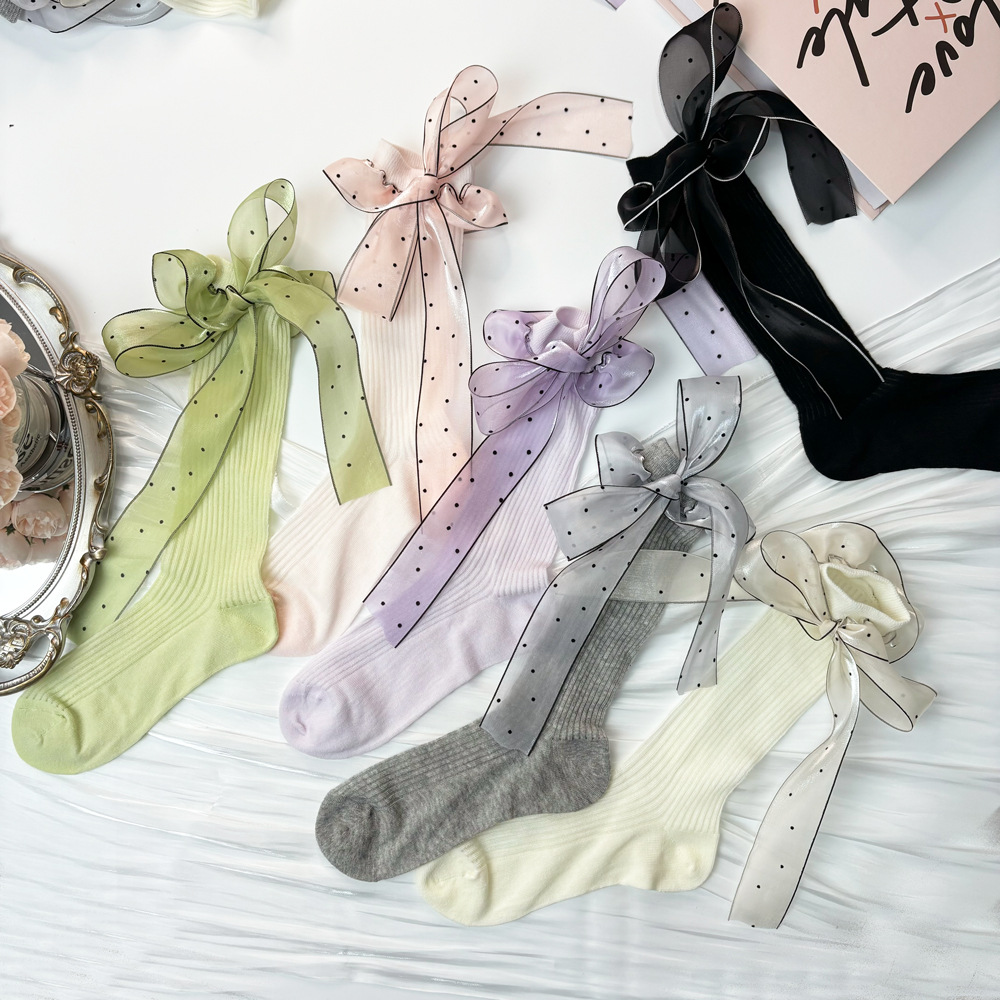 Polka Dot Lace Large Bow Ribbon Lolita Short Socks Glass Silk Transparent Cass Vertical Strip Candy Color Socks