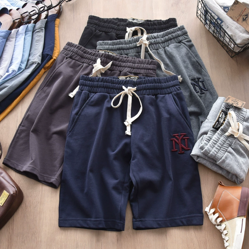 Изысканная вышивка! Летние хлопковые махровые спортивные шорты, мужские брюки средней длины, универсальные японские повседневные свободные модные брюки средней длины