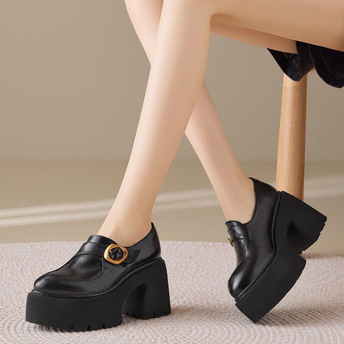 Giày loafer nữ da bò cao cấp gót vuông 10 cm, mũi nhọn khóa dây, đế dày — màu đen, màu đỏ