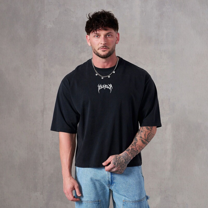 Youngla American Fashion Brand Men's T-Shirt Heavyweight Pure Cotton Washed Vintage Print Casual Round Neck Short-Sleeved Top