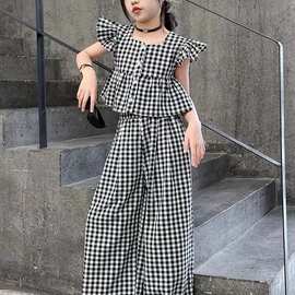 女童夏装格子套装炸街2025新款女孩夏季时髦韩版无袖九分裤两件套
