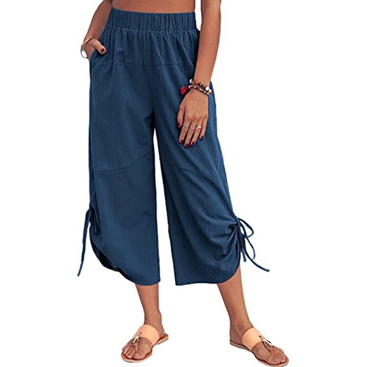 2022 European and American Spring and Autumn New Straight Cropped Pants Women's Lace-up plus size Loose Casual Drawstring Women's Pants with Pocket