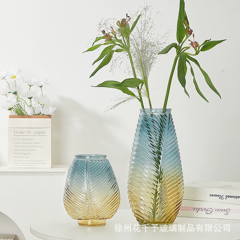 批发创意树叶玻璃花瓶大号彩色富贵竹百合水培插鲜花家居装饰摆件