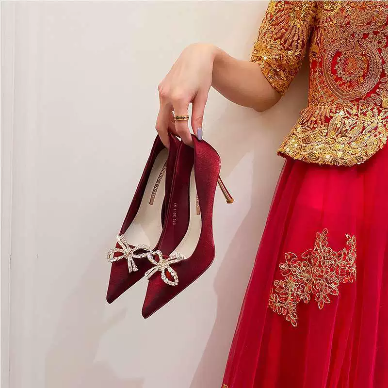 Женские свадебные туфли Xiuhe, французские свадебные туфли со стразами и бантом, подходят для повседневного ношения, удобные и сексуальные туфли на высоком каблуке.