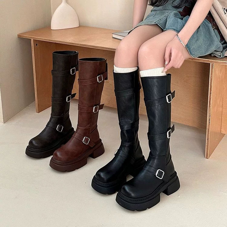 Винтажные модные дикие сапоги Martin дети 2024 осень и зима новая пряжка ремня увеличена на толстой подошвы средние сапоги мотоциклетные сапоги