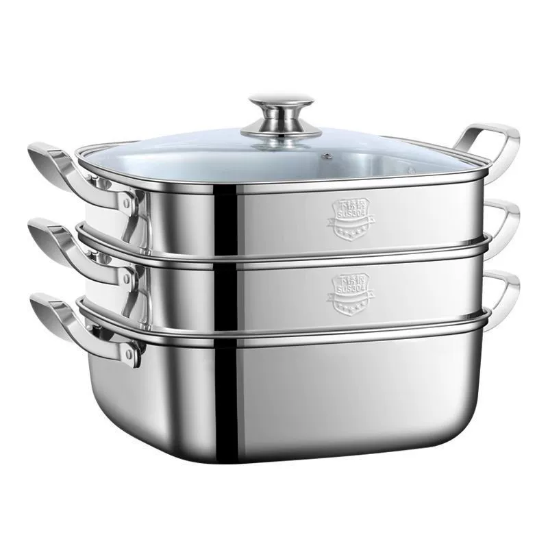 Square stainless steel steamer, double‑layer, induction‑compatible, thickened