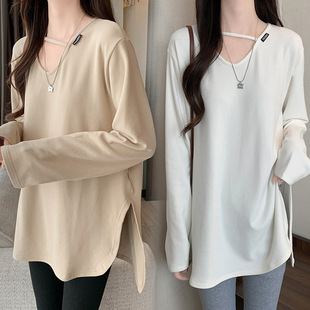 Maternity clothing bag collar maternity clothing suit autumn 2024 new top T-shirt base shirt spring and autumn