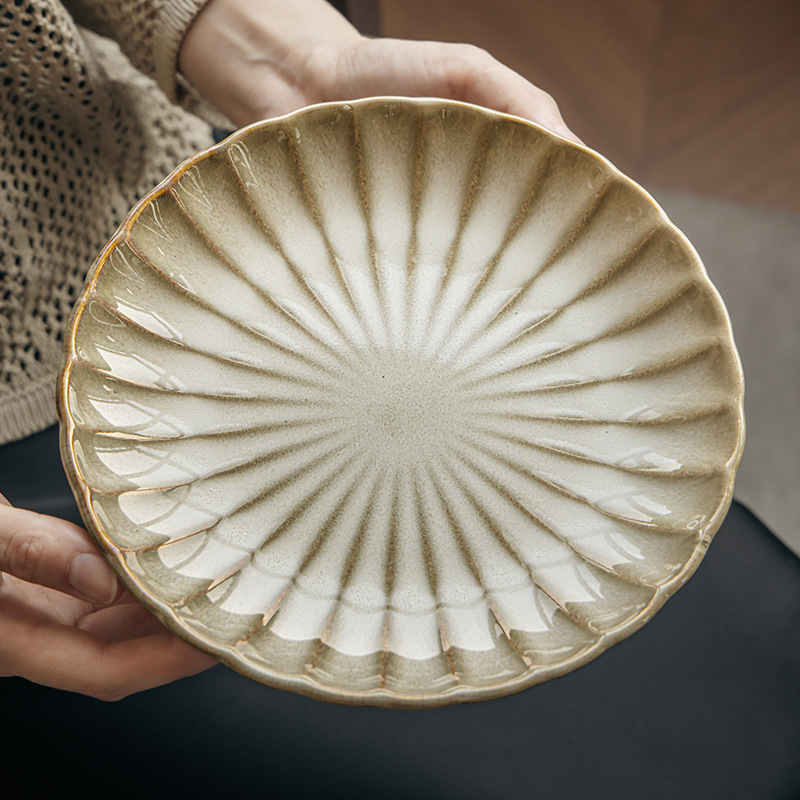 Fangju Yellow Relief 2025 nuevo plato de pasta de cerámica de disco de 8 pulgadas plato de postre retro plato de cena exportación transfronteriza
