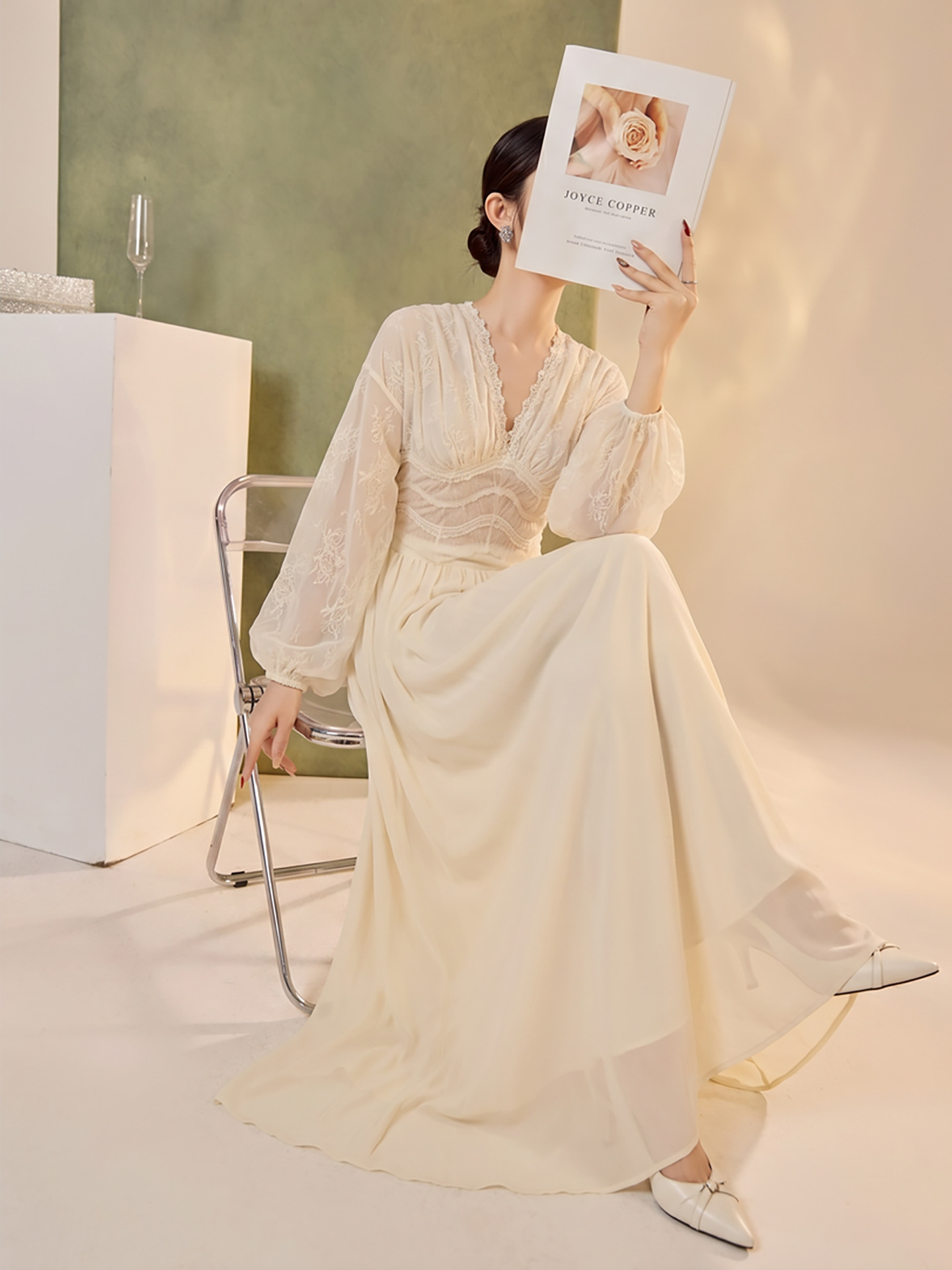 Váy maxi ren thêu lưới tay phồng lồng đèn cổ V thắt lưng dáng suông — áo, bộ đồ, nửa váy