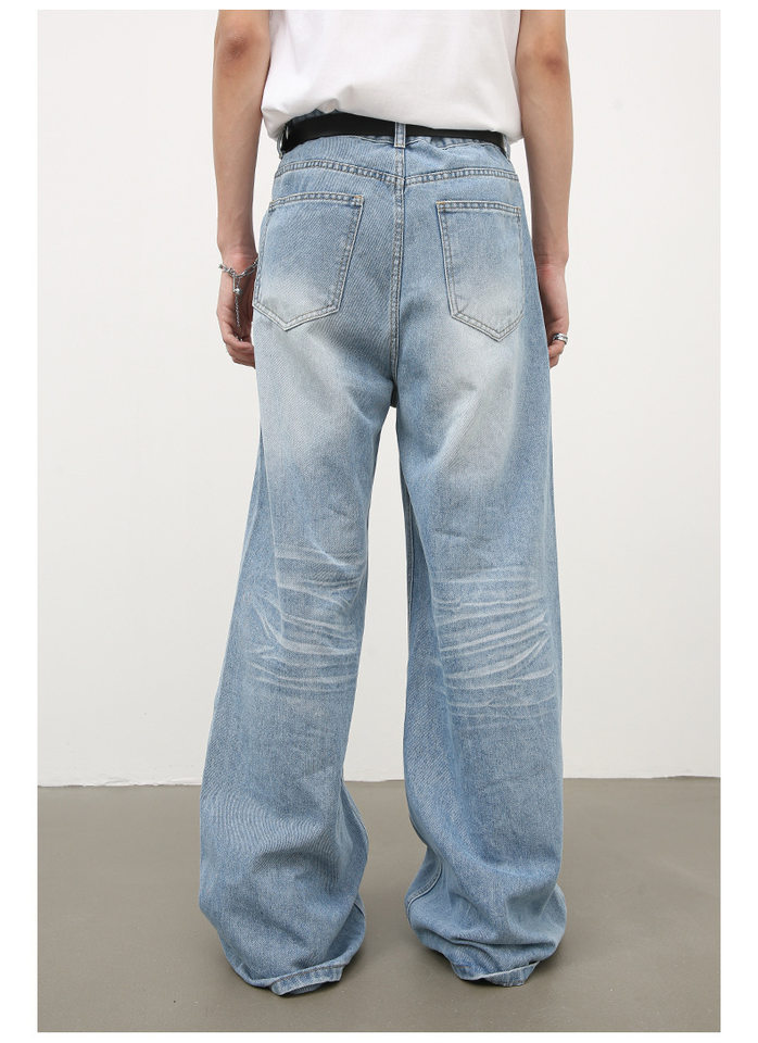 Quần jean nam ống đứng dáng suông rộng, vải denim giặt nước hiệu ứng nếp gấp, phong cách đường phố — Màu xanh lam chi tiết 7