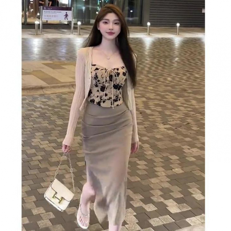 早秋小香风气质针织开衫外套女开叉半身裙两件套时尚吊带三件套装|undefined
