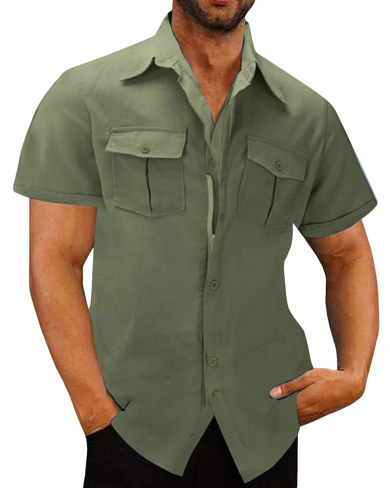 2023 amazon ebay aliexpress verano color sólido de manga corta de los hombres de algodón y lino de bolsillo de control de acceso cremallera ropa de trabajo camisa
