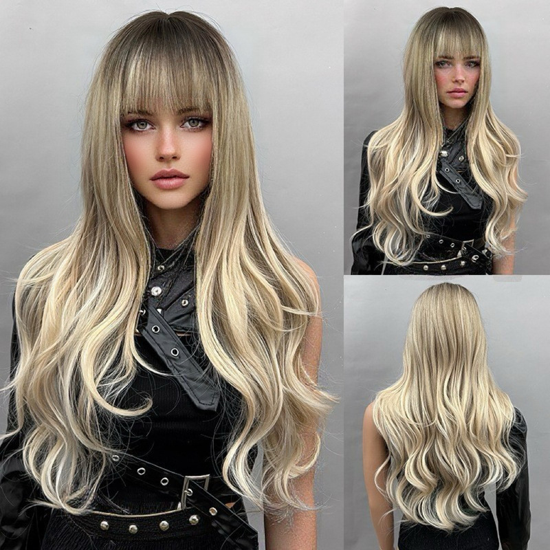 European and American Cross-Border New Style Big Wave Wig for Women with Bangs, Black Gradient Gold Long Curly Hair Synthetic Fiber Full Wig