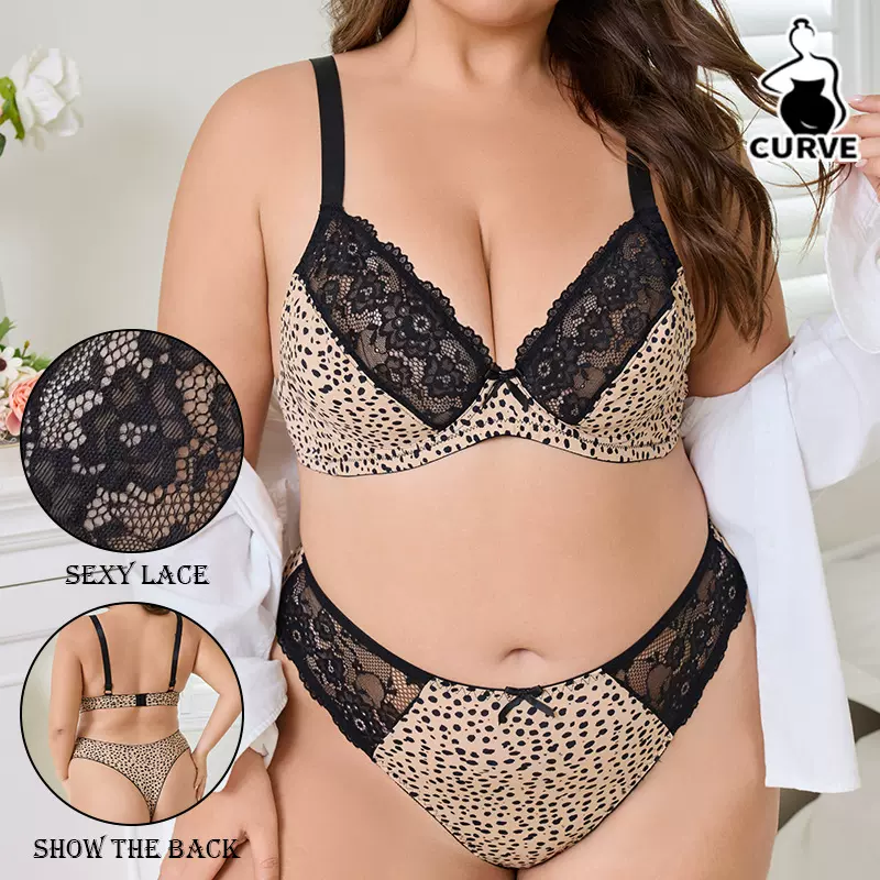 跨境欧美新款性感豹纹大码内衣女超薄蕾丝印花聚拢透气文胸套装