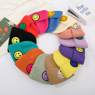 Children's smiley knitted hat sweet cute labeling autumn and winter wool hat Korean style versatile baby thickened cold hat