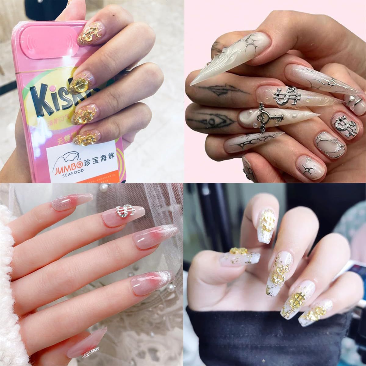 Joyería de uñas transfronteriza oro plata dólar símbolo moneda símbolo de uñas Luz de lujo flash diamante tridimensional decoración de diamantes