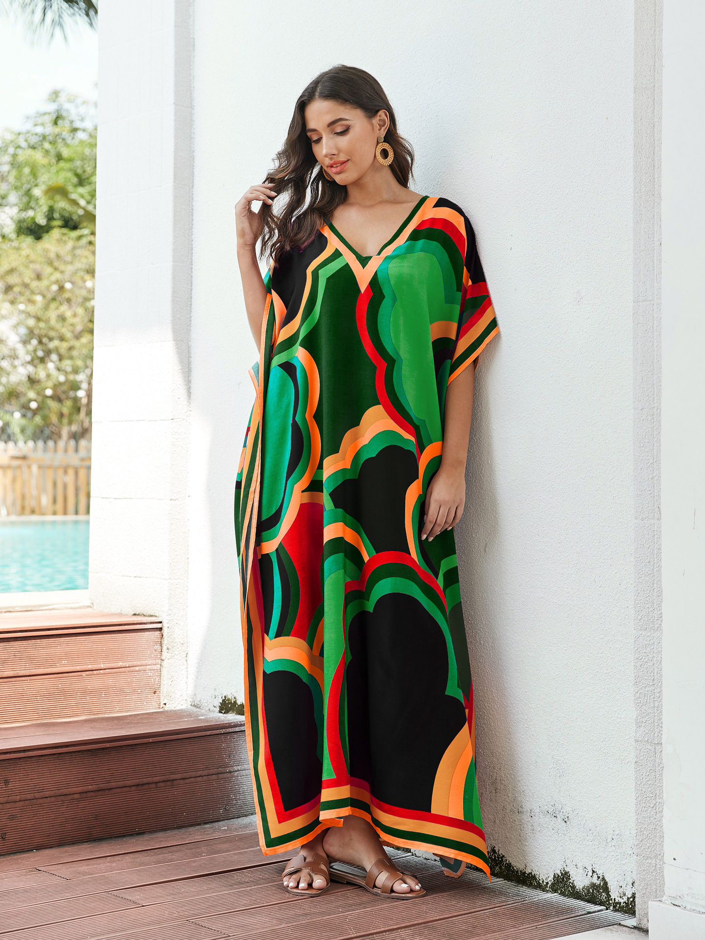 Rochie de plajă lungă kimono dama boho viscoză tie-dye_voghion.com