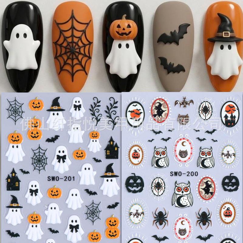 Wholesale Halloween nail art stickers 3D embossed ghost owl pumpkin bat spider web nail decals Wholesale Halloween nail art stickers 3D embossed ghost owl pumpkin bat spider web nail decals