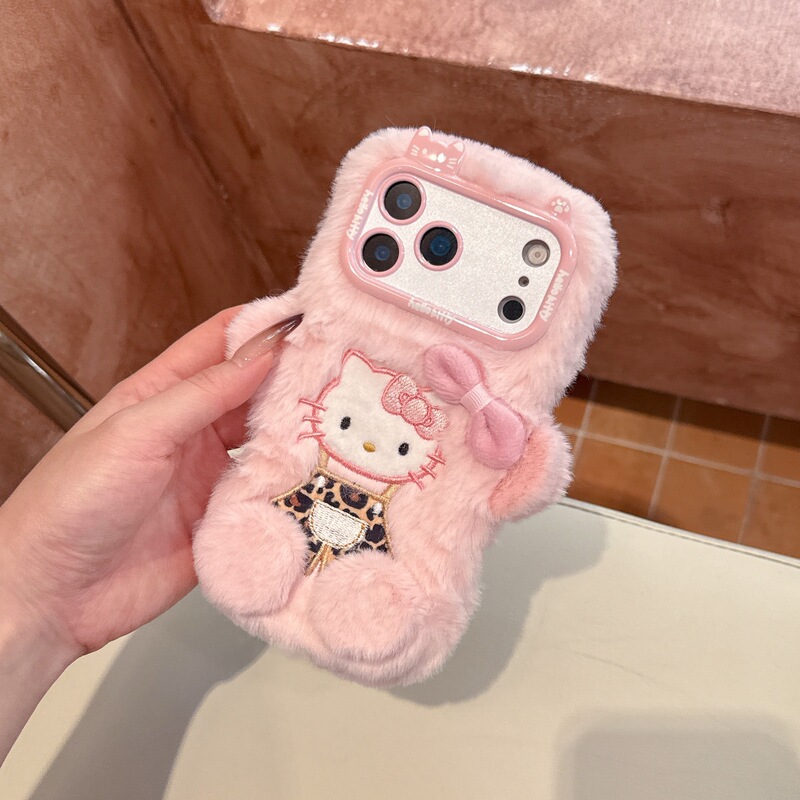 Winter Hello Kitty Plush Phone Case for Iphone16 Prom with Sweet Girl Style Leopard Print Embroidery and Bow Winter Hello Kitty Plush Phone Case for Iphone16 Prom with Sweet Girl Style Leopard Print Embroidery and Bow