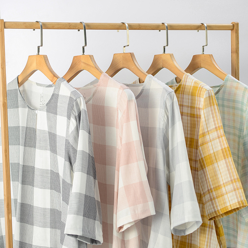 2026 Spring New Cotton Double-Layer Gauze Women's Thin Three-Quarter Sleeve Pajama Plaid Set Casual Comfortable Homewear