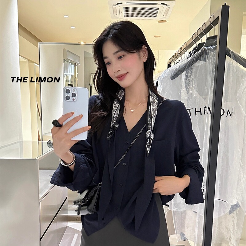 THE LIMON柠檬绿茶2025秋季韩版气质V领飘带长袖衬衫女衬衣配丝巾|undefined