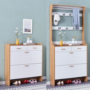 Nordic Tipping Bucket Shoe Cabinet with Clothes Hanger, Multi-Functional Foyer Cabinet, Home Entrance Shoe Rack, Space-Saving