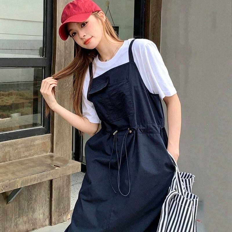 Korean Style Retro Workwear Sleeveless Denim Suspender Dress for Women Spring and Summer New Style Loose Drawstring Waist Slimming Long Skirt