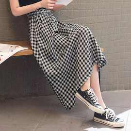 （棉麻格子面料）日系百搭时尚半身裙女夏休闲中长款A字裙薄款长
