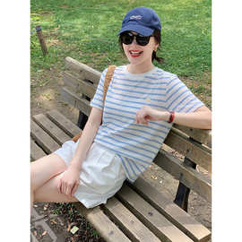 韩系慵懒风蓝白色条纹短袖T恤女夏季薄款设计感宽松百搭时尚上衣