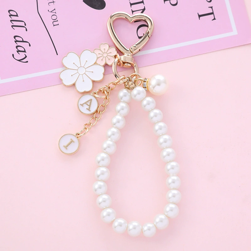 Two-Color Metal Keychain with Pearl Beads, Flower Pendant & Heart Clasp, Bag Charm