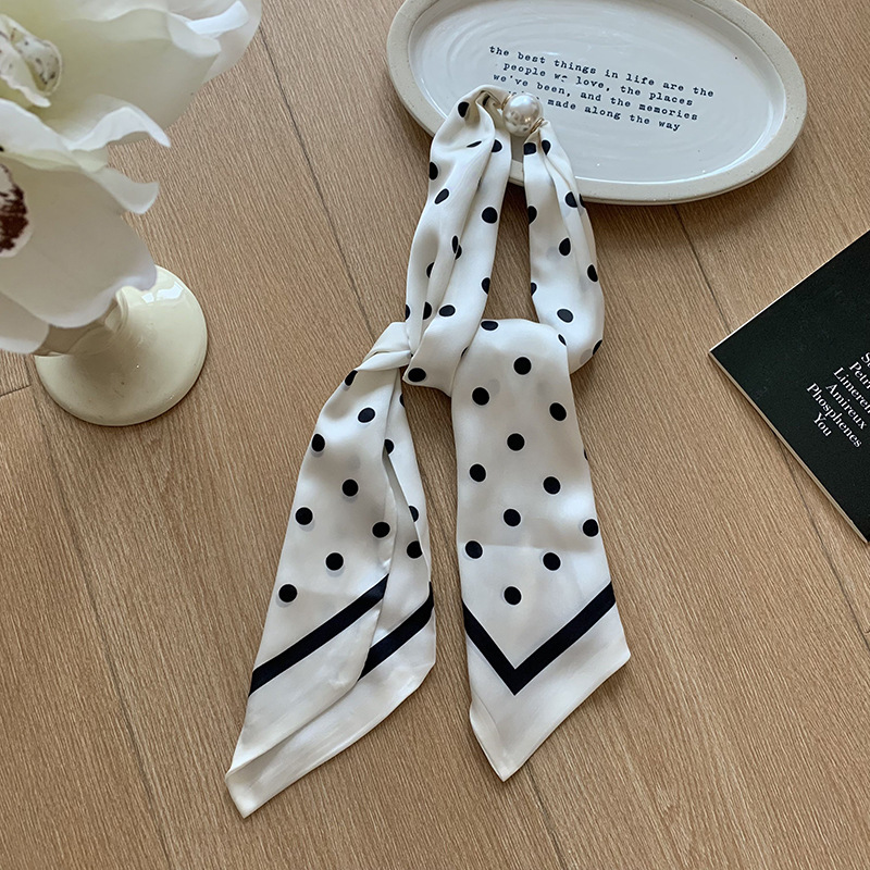 Pañuelo de seda, tira larga, sensación de alta calidad, estilo coreano, bufanda decorativa de lunares de doble capa, costura personalizada, bufanda de seda para mujer al por mayor