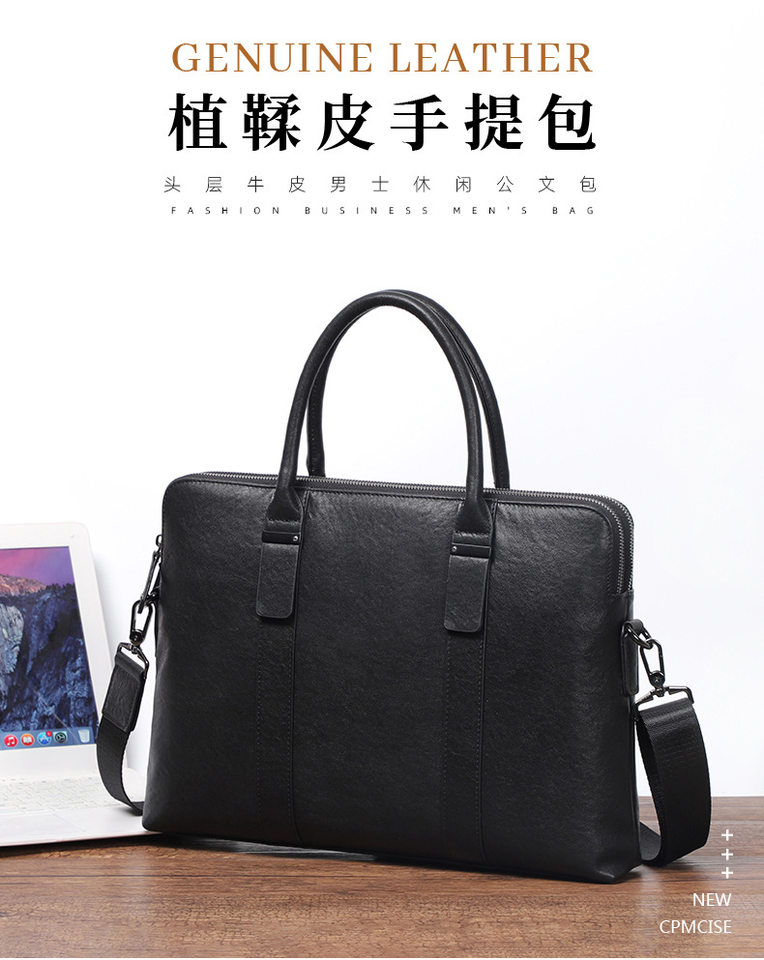 Túi xách tay nam công sở da bò thật hai ngăn khóa kéo, cặp mỏng đeo chéo một vai 39×7×29 cm — Màu đen chi tiết 1